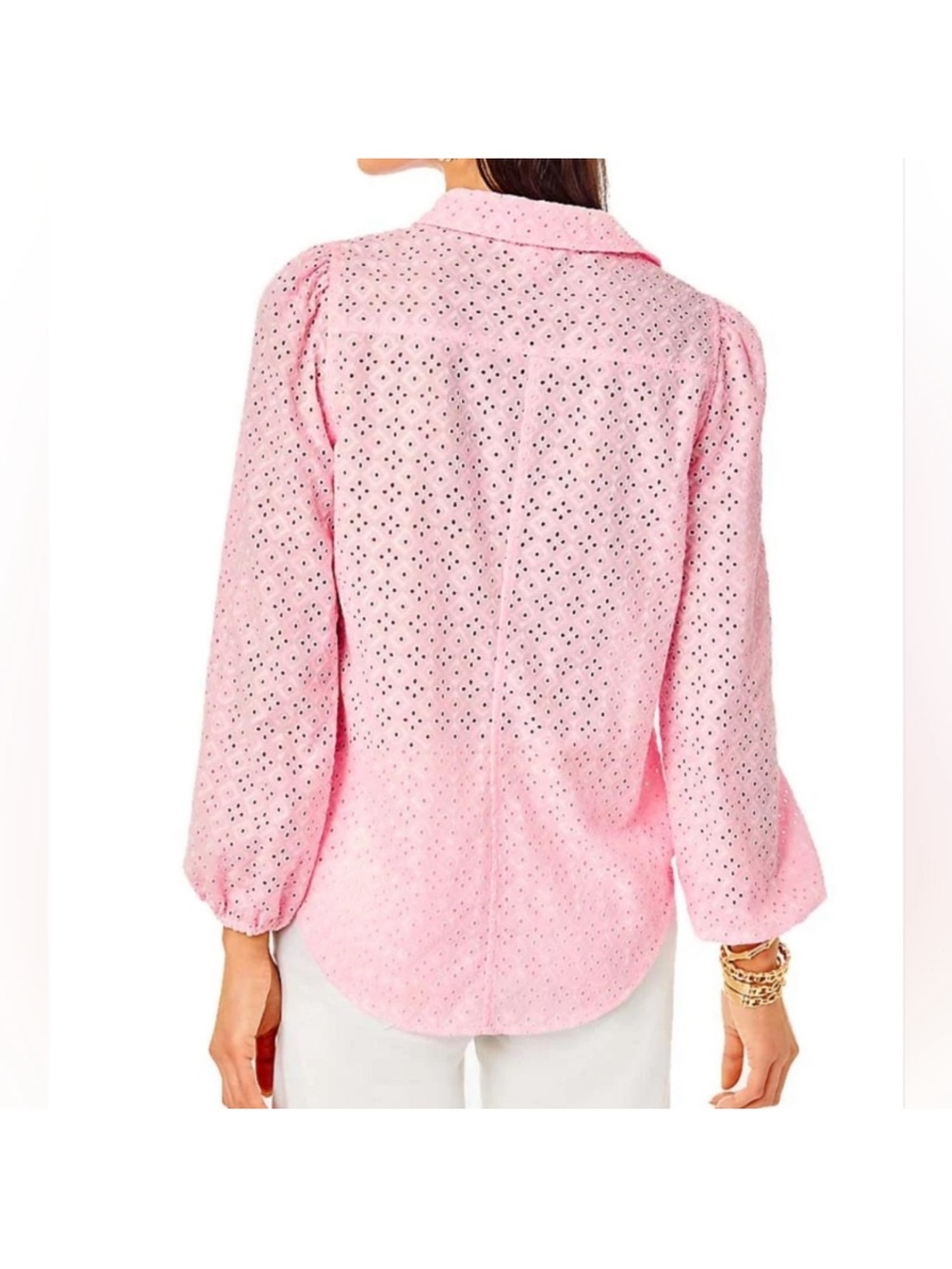 Lilly Pulitzer Pink Eyelet Button-Front Tie-Hem Blouse S - Picture 3 of 8